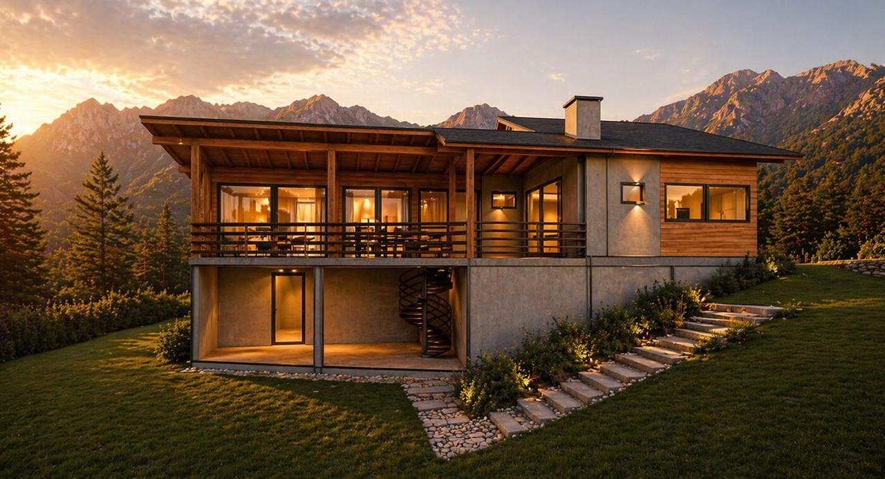 Casa de madeira de alto padrão construída pela Santa Madeira, ao entardecer